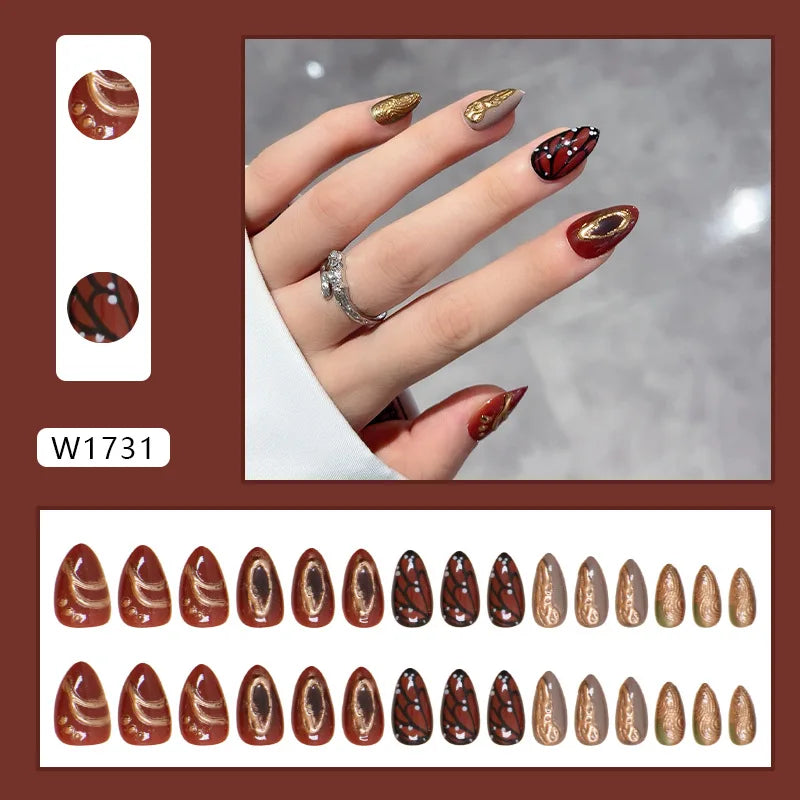 Ingvn  24Pcs Butterfly Wings Press on Acyrlic Nails with Design Medium Autumn Length Fingernails Fake with Charm 3d Textured Nail Tips