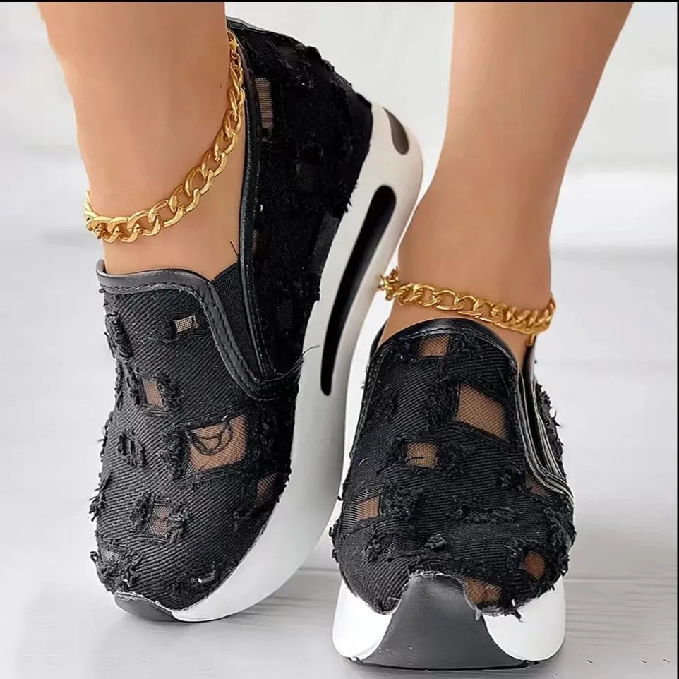 Ingvn  Women's Vulcanize Shoes Sneakers Women Slip on Casual Comfy Heeled Shoes Hole-patterned Canvas Mesh Sports Inside-heeled Sandals