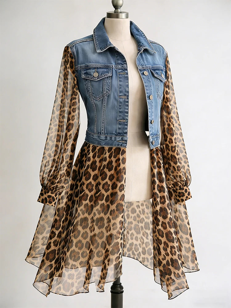 Ingvn  Vintage Chiffon Leopard Women Denim Coat Turndown Collar See-Through Long Sleeve Slim Fit Top Elegant Single-breasted Jackets