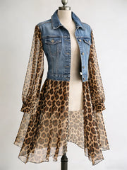 Ingvn  Vintage Chiffon Leopard Women Denim Coat Turndown Collar See-Through Long Sleeve Slim Fit Top Elegant Single-breasted Jackets