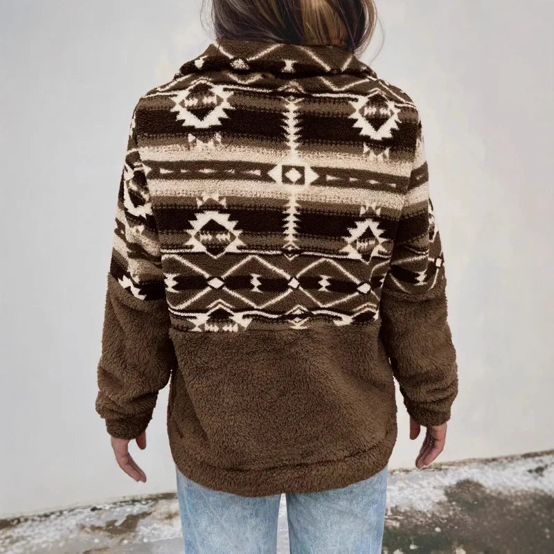 Ingvn - European American Autumn Winter New Arrival Half Zip Fleece Sweatshirt Casual Coat Geometric Pattern Stand Collar Top Women