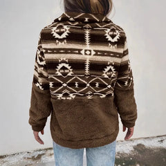 Ingvn - European American Autumn Winter New Arrival Half Zip Fleece Sweatshirt Casual Coat Geometric Pattern Stand Collar Top Women