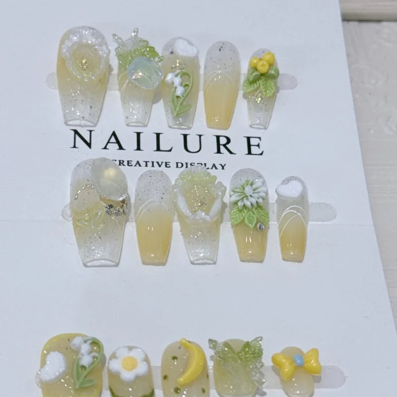 Ingvn  10pcs Handmade Finger Nails Spring Ready-made Artificial Nail Tips 3d Flowers Short False Nails Aesthetic press on Nails