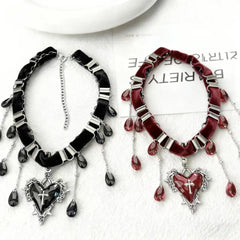 Ingvn  Goth Black Heart Love Cross Pendant Irregular Stone Bead Choker Necklace For Women Halloween Vintage Y2K Grunge EMO Accessories