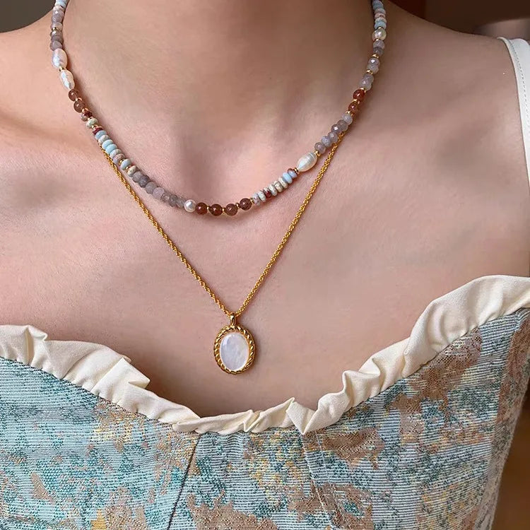 Ingvn  Pure Handmade Woven Natural Stone Beadeds Chain Pearl Pendant Necklace Luxurious Accessories For Women's Necks Fashion Jewelry