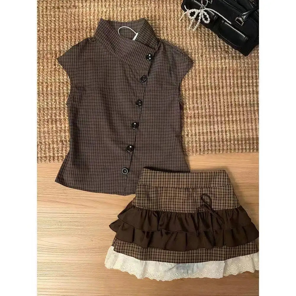 Ingvn  Retro Sweet Two Piece Set Women Plaid Short Sleeve Shirt High Waist Pleated Skirt Y2K Harajuku Hot Girl Summer
