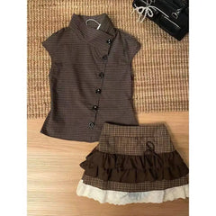 Ingvn  Retro Sweet Two Piece Set Women Plaid Short Sleeve Shirt High Waist Pleated Skirt Y2K Harajuku Hot Girl Summer