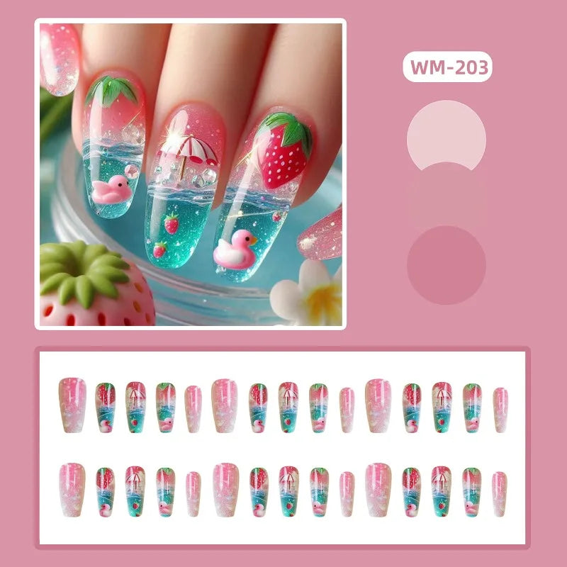 Ingvn  24pcs Sliders for Nails Strawberry Pink Duck Press on Nails with Tools Summer Sweets Reusable adhesive False Nails for Women