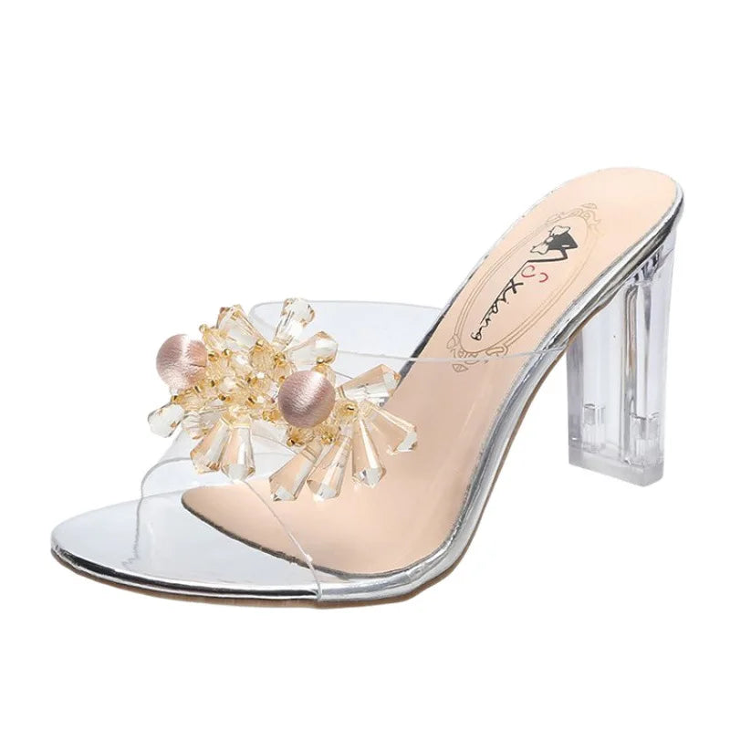 Ingvn  Women's Slippers Women Fashionable New Summer High-heeled  Female  Influencer Crystal Thick-heeled Transparent Women's Sandals
