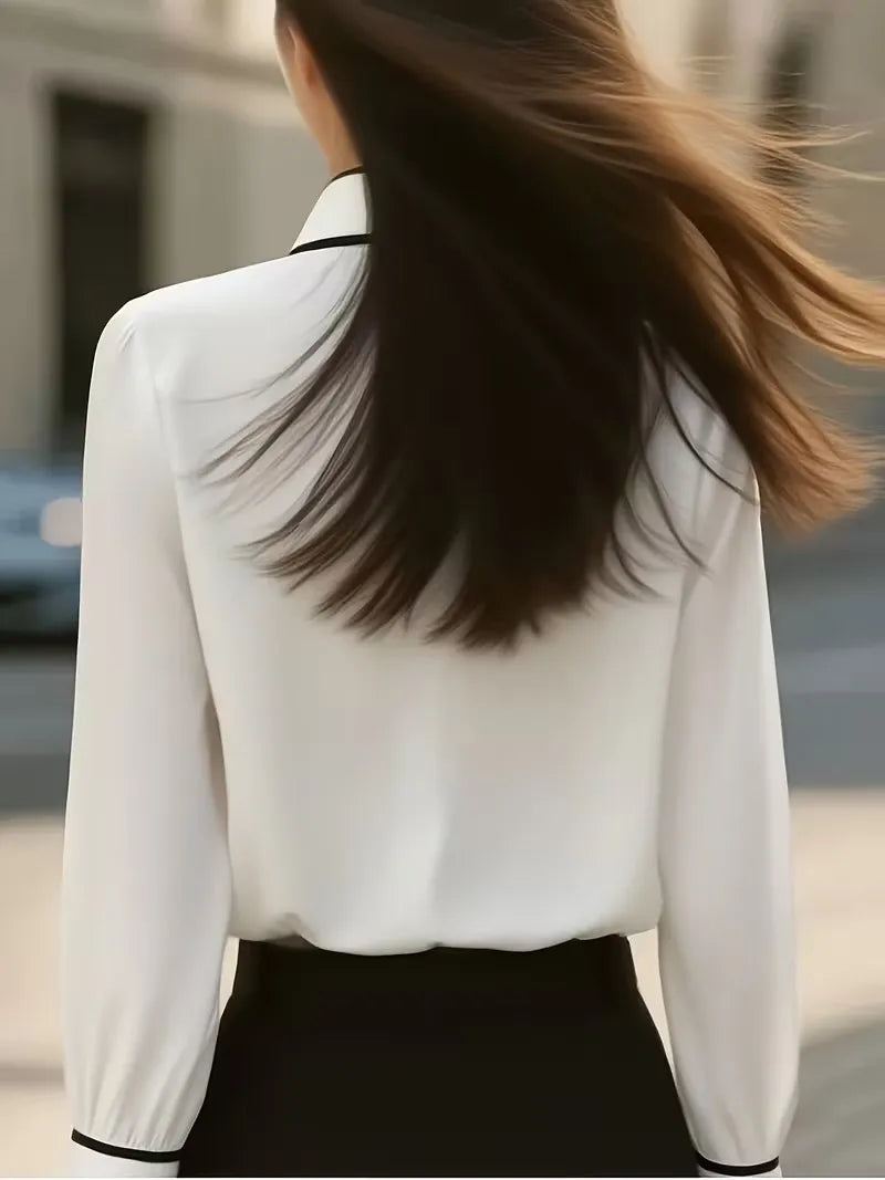 Ingvn  Women Long Sleeve Button Down Blouse Contrast Trim Collar Office Wear Shirt