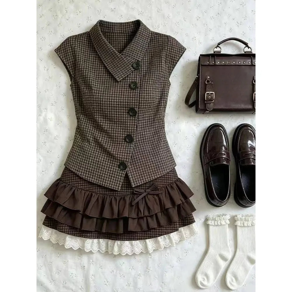 Ingvn  Retro Sweet Two Piece Set Women Plaid Short Sleeve Shirt High Waist Pleated Skirt Y2K Harajuku Hot Girl Summer