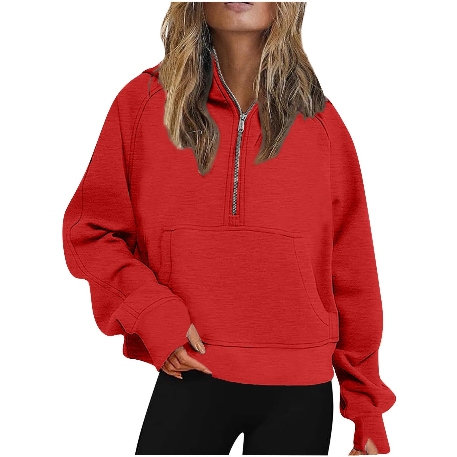 Ingvn - Autumn Winter New Arrival Womens Sports Half Zip Loose Solid Color Versatile Cropped Hooded Fleece Casual Pullover Sweatshirt