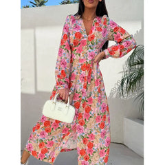 Ingvn  Women's Fashion V-neck Single Breasted Long Party Dress Ladies Casual Long Sleeve Floral Printed Comfortable Versatile Dress
