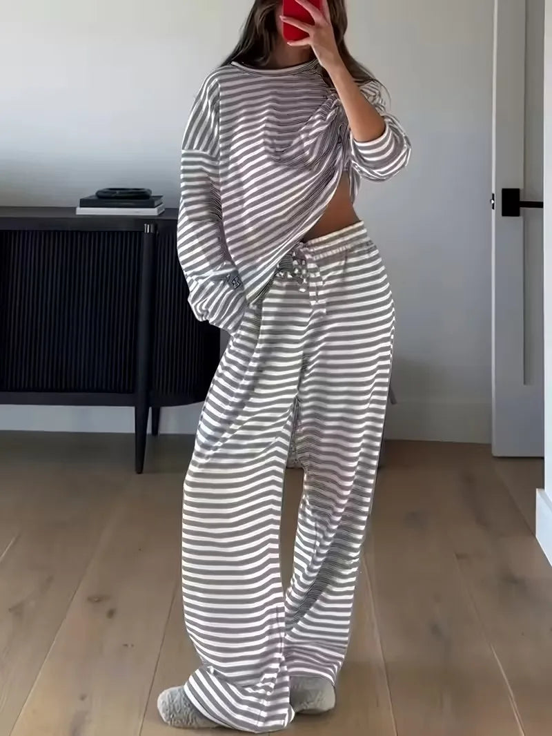 Ingvn - Women's 2 Piece Loungewear Set Red White Stripe Oversized Long Sleeve Top Wide Leg Pants Casual Loose Home Wear Outfit