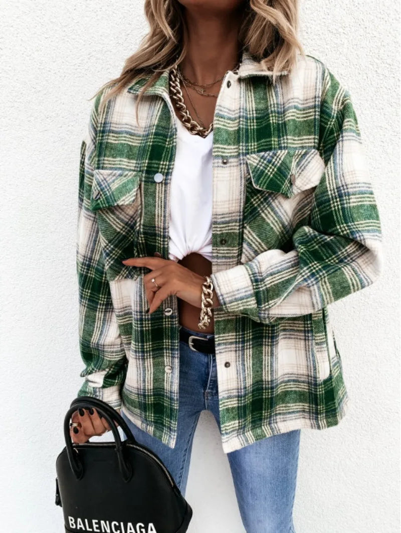 Ingvn  Women‘s Trendy Retro Plaid Shacket Oversized Flannel Shirt Jacket Ladies Pocket Long Sleeve Open Front Casual Checkered Top Fall