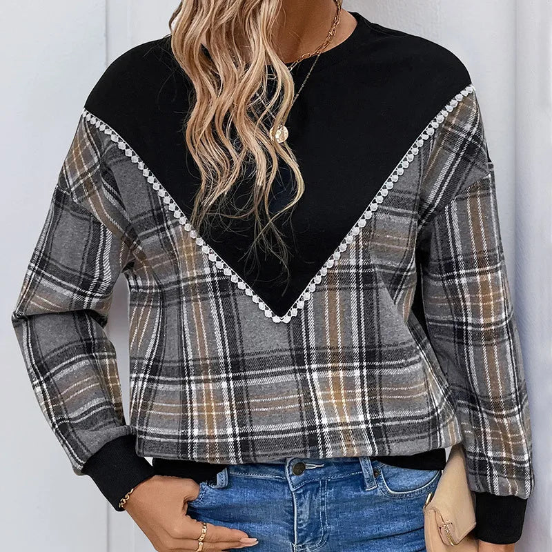 Ingvn - Women Round Neck Plaid Color Block Sweatshirt Lace Trim Long Sleeve Casual Pullover Top