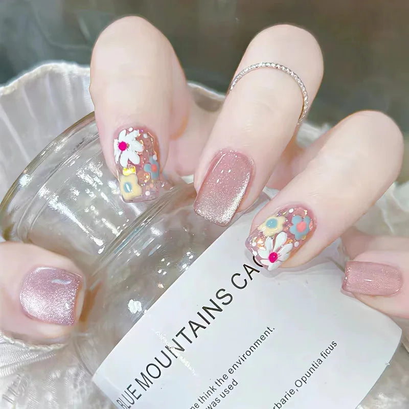Ingvn  24Pcs Pink Ballet Fake Nails Full Cover Nail Tips Long Ballet False Nails with Rhinestone Chain Design Wearable Press on Nails