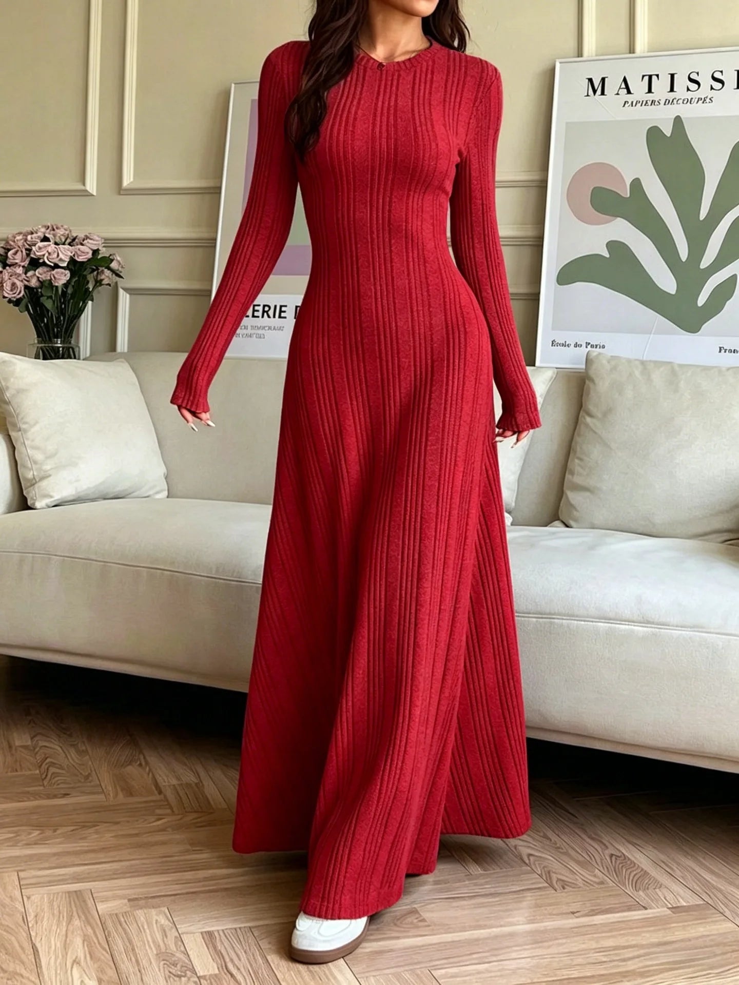Ingvn - New Autumn And Winter Women's Slim Casual Fit Fashionable Women's Knitted Pit Stripe Solid Color Long Sleeved Round Neck Dress