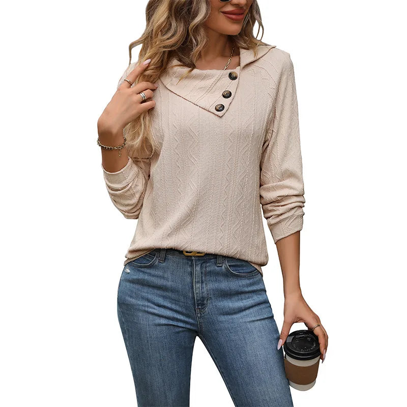 Ingvn - Women Autumn European Style Textured Irregular Collar Long Sleeve Casual Sweatshirt Tops