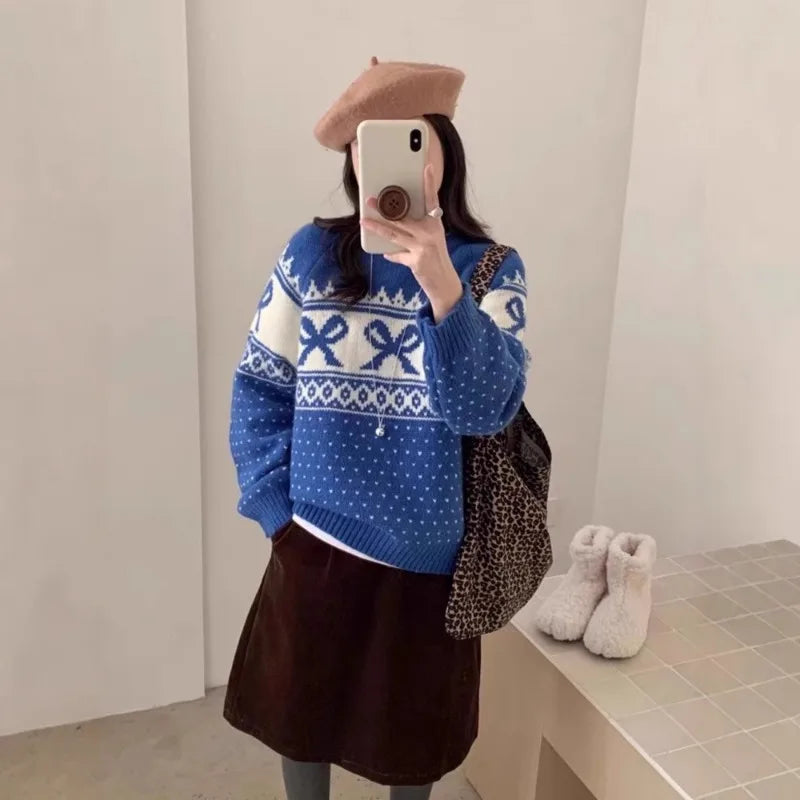 Ingvn - Autumn and Winter Fashion New Women's Elegant Knitted Printed Retro Jacquard Hoodie Round Neck Thickened Warm Sweater