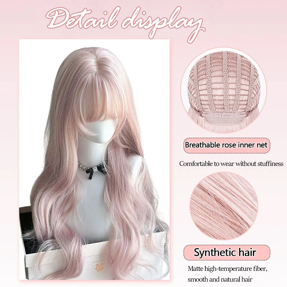 Ingvn  Long Wavy Pink Wig with Bangs Synthetic Cosplay Natural Lolita Purple Green Wig Halloween Costume Wig for Women Daily Wear
