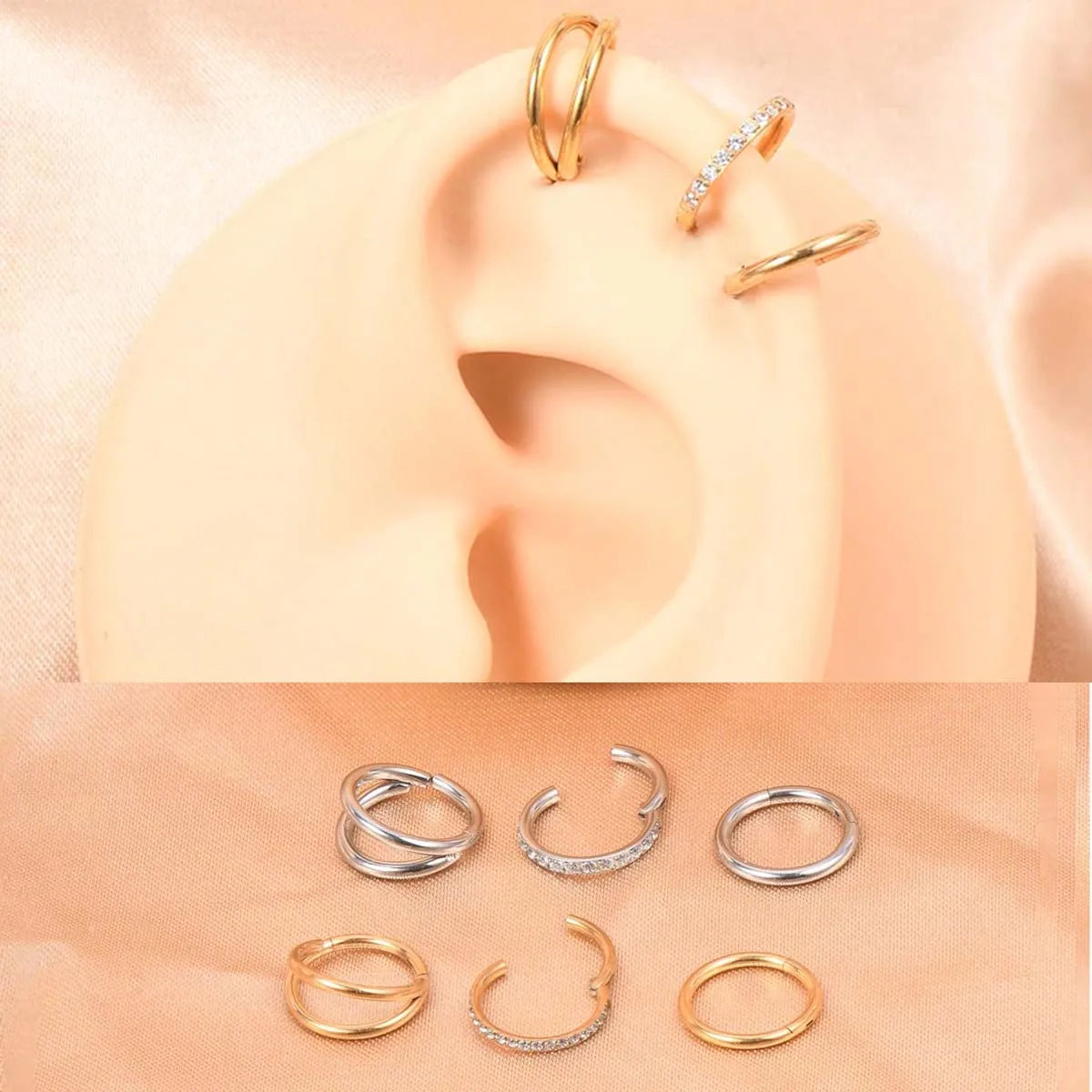 Ingvn  3pcs Nose Rings Hoops - 316L Surgical Steel Double Hoop Nose Rings 16G/18G/20G Hinged CZ Conch Piercing Cartilage Earrin Jewelry