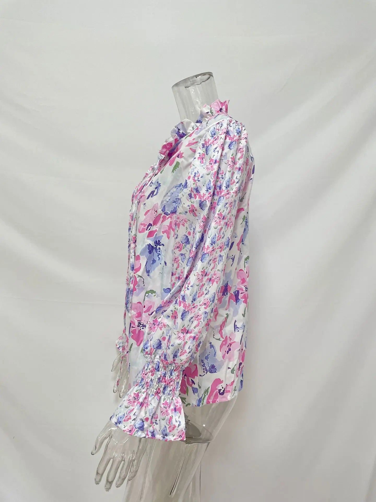 Ingvn - Women's Summer Floral Print V Neck Long Sleeve Blouse Ruffle Cuff Button Down Casual Loose Chiffon Shirt