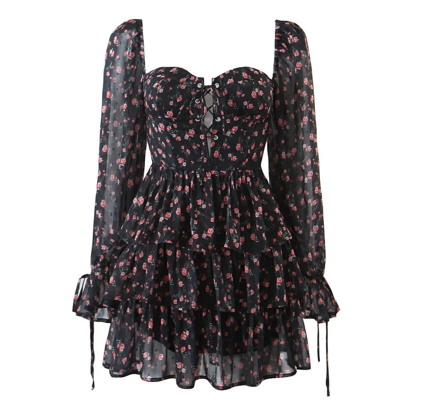 Ingvn  Holiday Contrast Color Floral Print Lantern Sleeve Mini Dress Bow Sashes Ruched Pleated Waist Ruffles Hem Women Dresses Robe