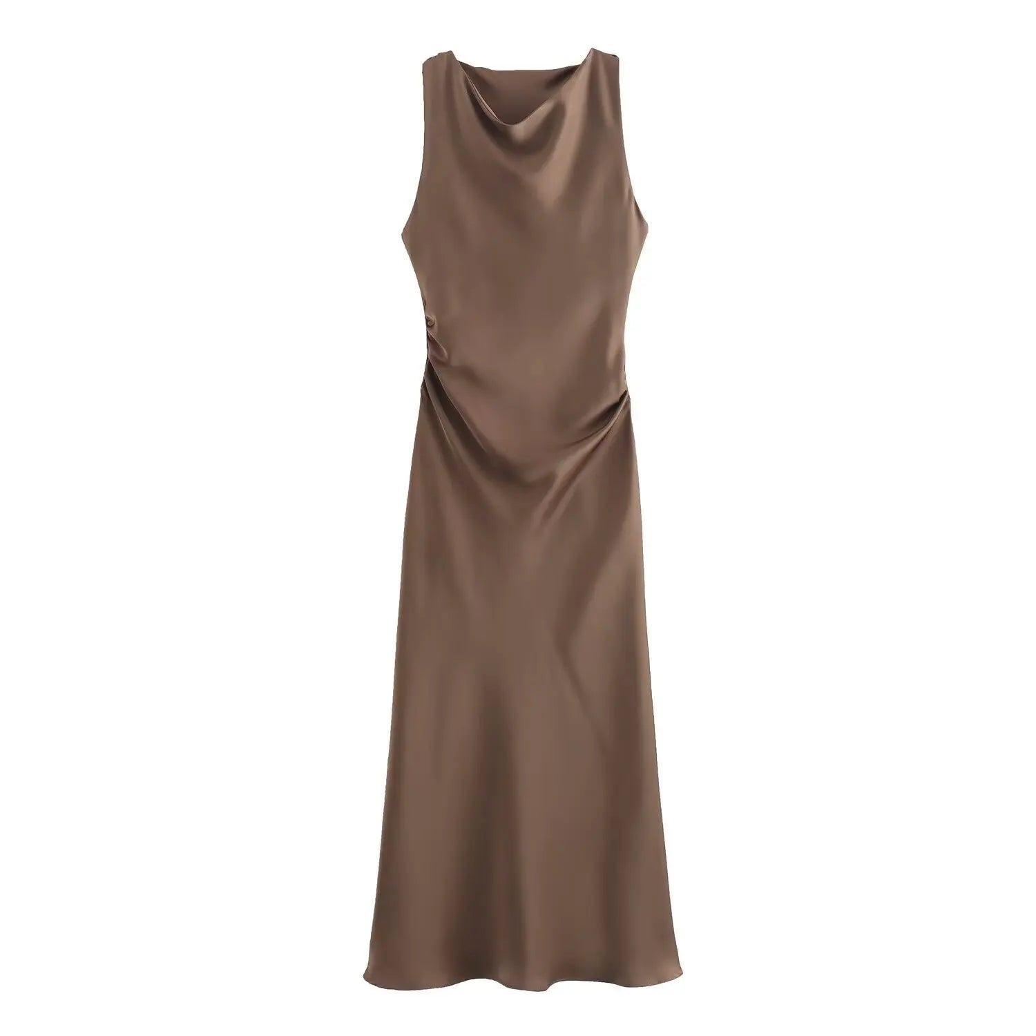 Ingvn  Autumn Satin Texture Sleeveless Midi Dress Round Neck Fashion Evening Dress