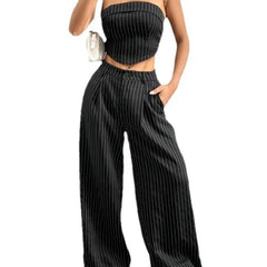 Ingvn  Women's Striped 2 Piece Outfit Tube Top and High Waist Wide Leg Pants Set
