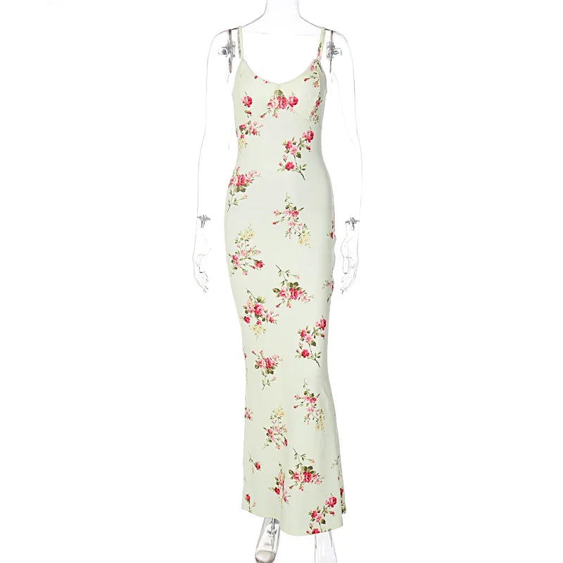 Ingvn  Sexy Y2K Clothes Floral Print Sleeveless Backless Bodycon Maxi Dresses For Women Club Birthday Party Elegant Outfit