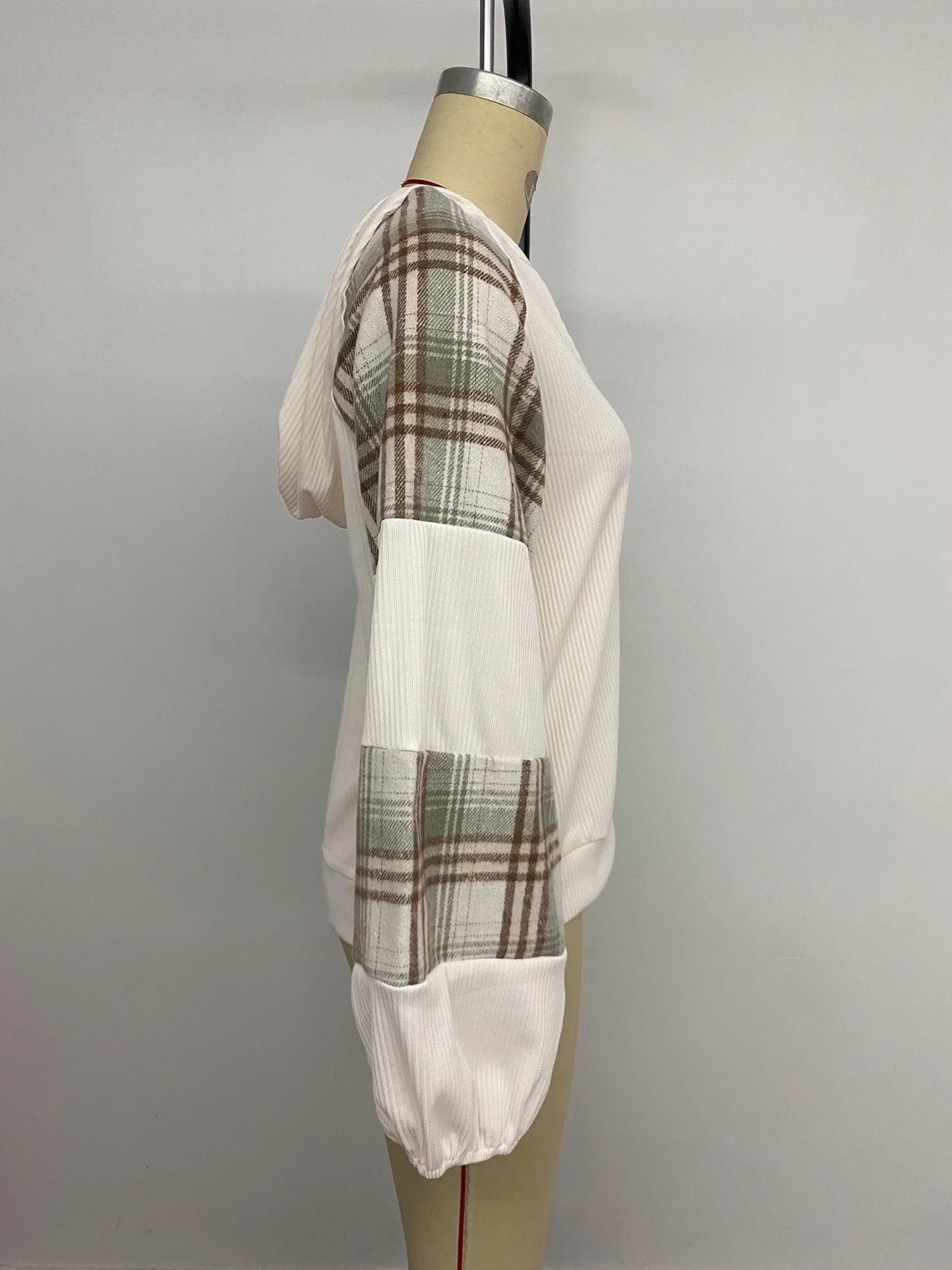 Ingvn - Women Hooded Sweatshirt Plaid Splicing Long Sleeve V Neck Button Pullover Lazy Texture Casual Top