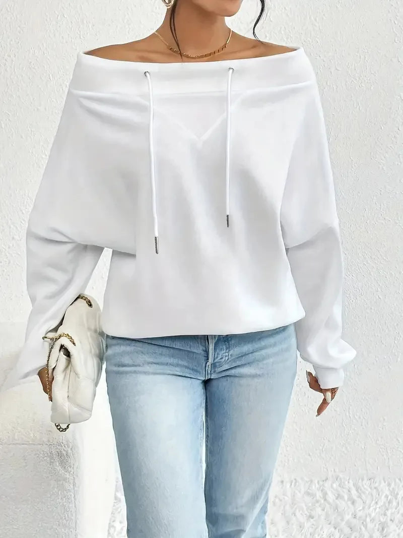 Ingvn - Women's Royal Blue Off-the-shoulder Boat Neck Sweatshirt Long Sleeve Drawstring Design Casual Fashion Loose Pullover