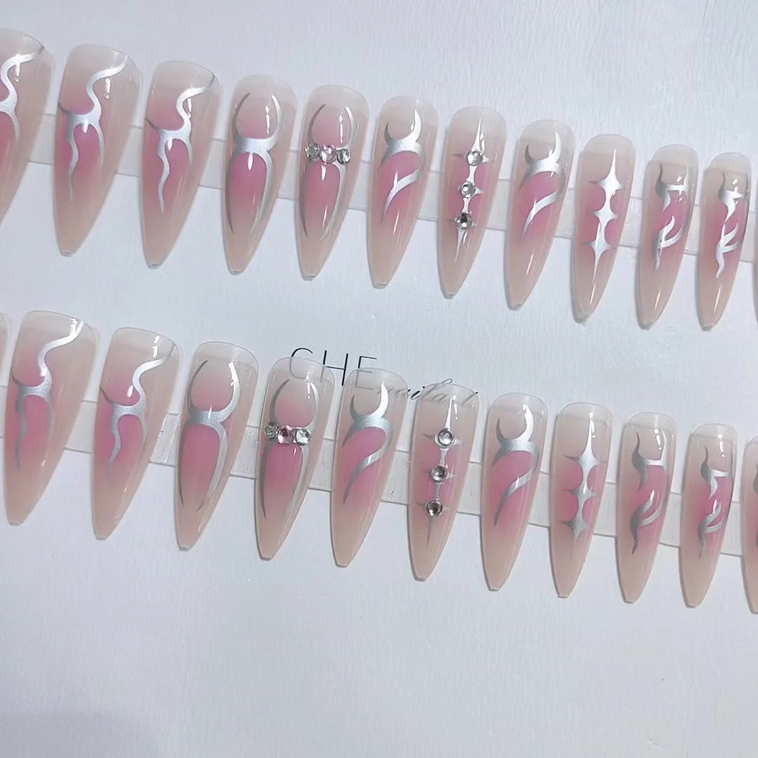 Super Cool y2k Nails Press On Long Stiletto Fake Nail Art Silver Flame Blush False Nails With Designs Full Manicure Nail Tips