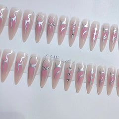 Super Cool y2k Nails Press On Long Stiletto Fake Nail Art Silver Flame Blush False Nails With Designs Full Manicure Nail Tips