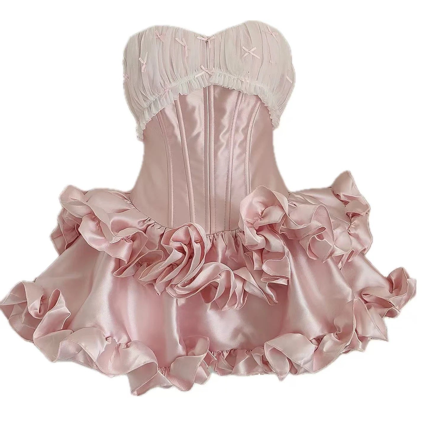 Ingvn  French Elegant Sweet Socialite Princess Party Dress Bow Pleated Spliced Fishbone Strapless 3D Ruffle Short Evening Dress Women