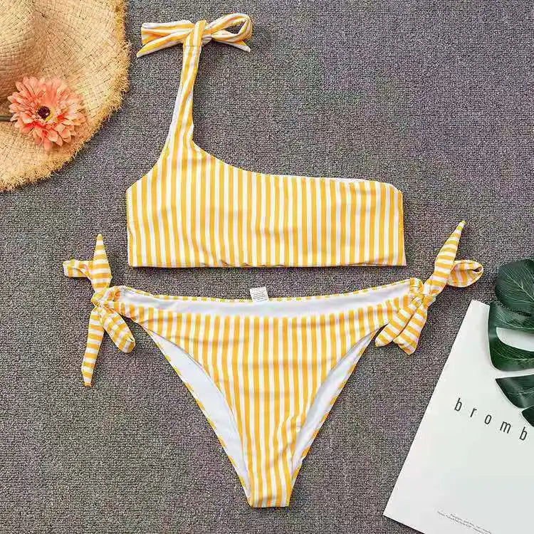 Ingvn  Summer Sexy Bow One Shoulder Striped Bikini Lacing Up Bandage Low Waist Swimsuit Set Two Piece Swimwear Beachwear