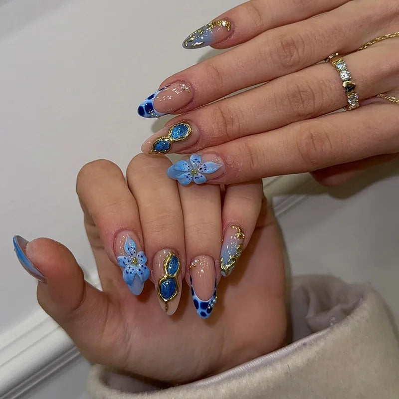 Ingvn  24Pcs Press on False Nails with Flower Design Blue Leopard Print French Almond Fake Nails Detachable Oval Finished Nail Art Tips