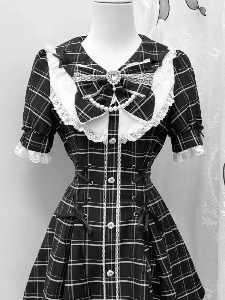 Ingvn  Sweet Bow Slim Shorts Set Women Subcultural Y2k E-girls Mini Dress Tops Lolita Japanese Style Fashion Plaid Dress Suit Chic