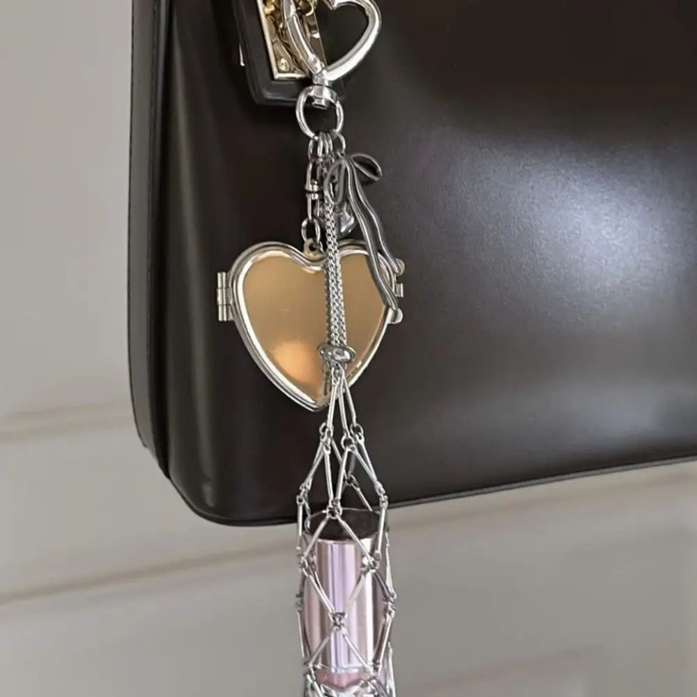 Ingvn  Stainless Steel Metal Net Pocket Lipstick Bag Keychain Charm Bag Accessories Interchangeable Lip Balm Keychain Silver Color Y2K