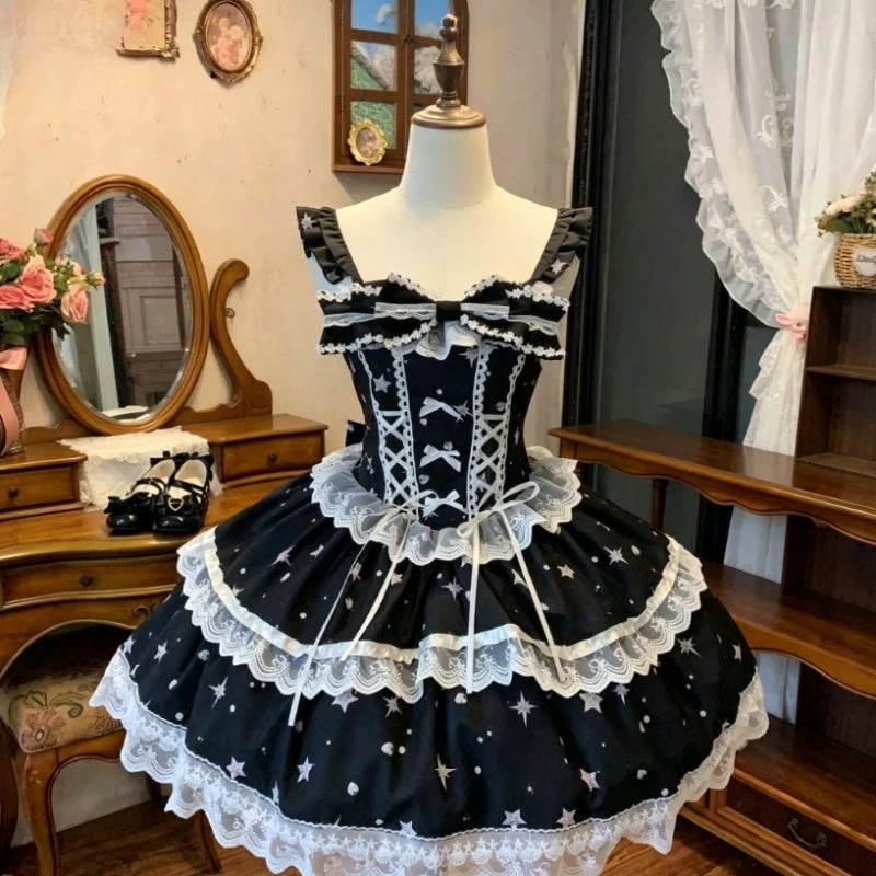 Ingvn  Japanese Harajuku Sweet Strap Lolita Dress Women Y2K Vintage Lace Bow Ruffle Cake dress Slim Bandage Summer Daily Stylish