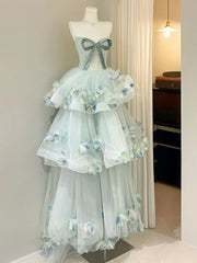 Ingvn  French Style Elegant Princess Strapless Evening Dress 3D Flowers Bow High Waist Mesh Puffy Birthday Party Dress for Women