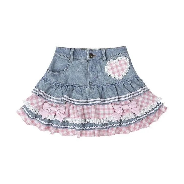 Ingvn  Preppy Style Lolita Kawaii Skirts Japanese Sweet Mini Women Harajuku Cute Ball Denim Y2K High Waist Lace Cake Skirts