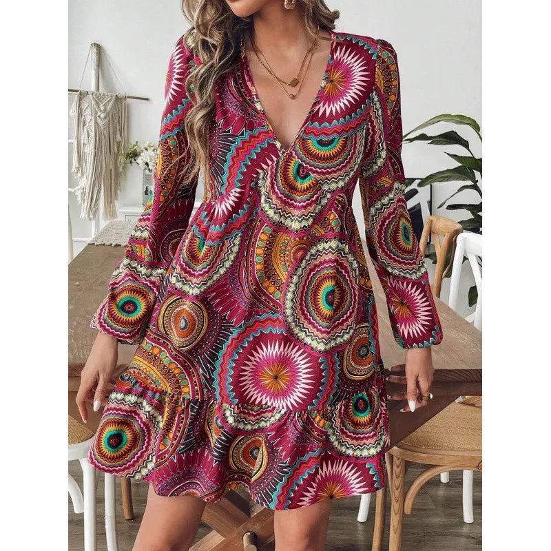 Ingvn  Women's Bohemian Geometric Print V-Neck Long Sleeve Ruffle Hem Mini Dress