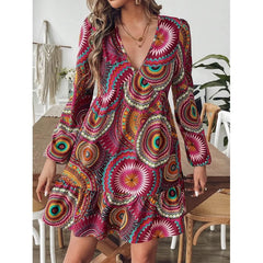 Ingvn  Women's Bohemian Geometric Print V-Neck Long Sleeve Ruffle Hem Mini Dress