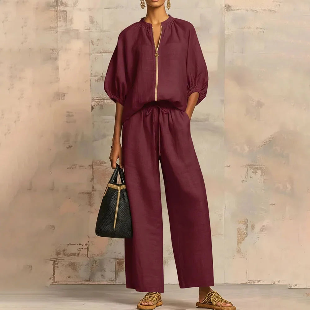 Ingvn  Womens Matching Sets Summer Casual Loose Zipper Tops And Wide Leg Pants 2 Piece Set Outfits Women Elegant
