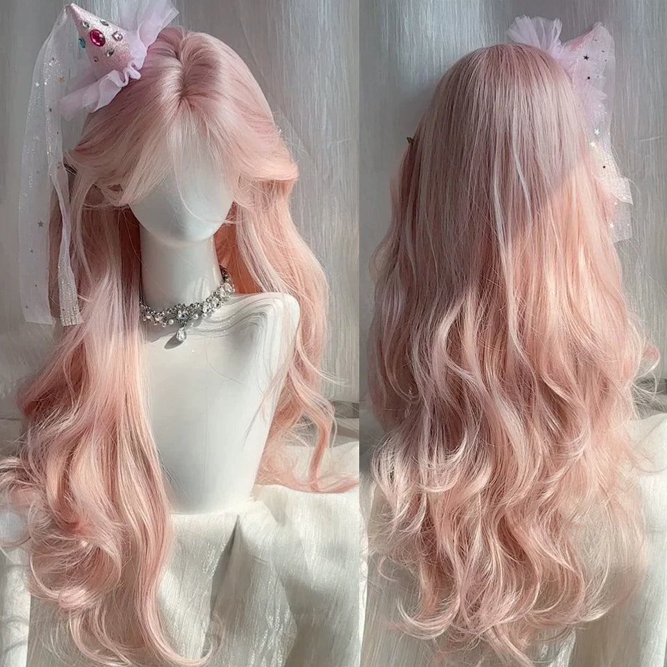 Ingvn  Long Wavy Pink Wig with Bangs Synthetic Cosplay Natural Lolita Purple Green Wig Halloween Costume Wig for Women Daily Wear