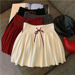 Ingvn - Women's Autumn Winter High Waist Drawstring Knit Pleated Mini Skirt Sporty Versatile Chic Streetwear Cozy