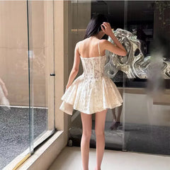 Ingvn  French Elegant Fashion Celebrity Rhinestone Brooch Fluffy Lace Short Dress Sleeveless Backless Birthday Party Dresses For Women