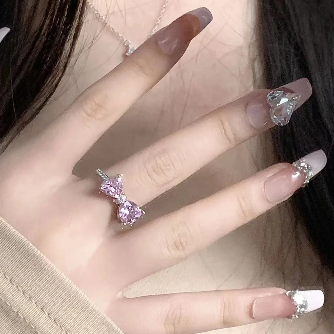 Ingvn  Fashion Trend Pink Crystal Bowknot Heart Rings Zircon Ring Y2K Shiny Zircon Rings for Women Girls Party Aesthetic Jewelry